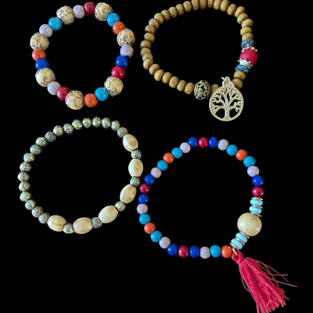 New Colorful Beaded Bracelet Set with Tree Charm And Tassell Earrings